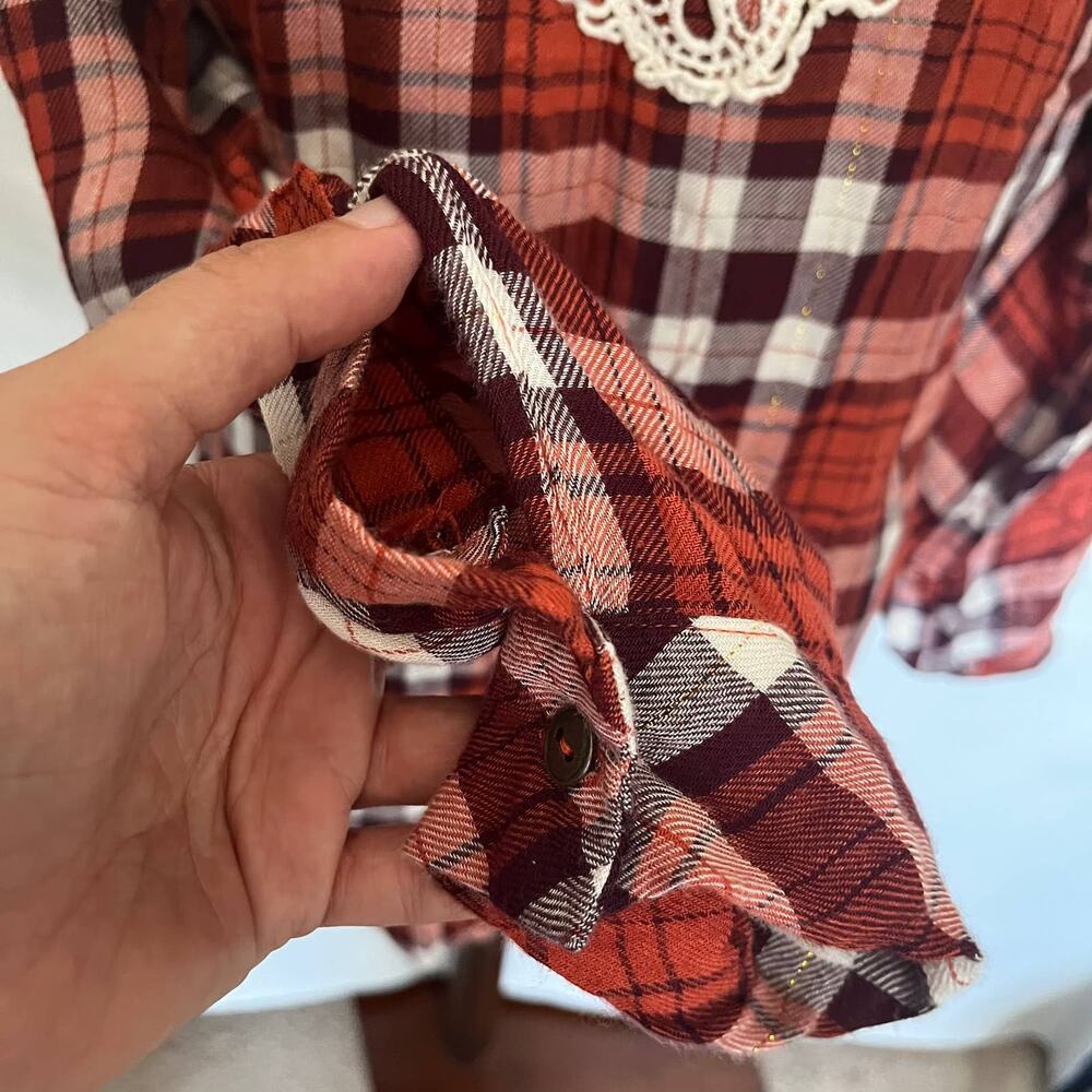 Linda Anderson Crochet Back Plaid Womens Shirt Sz S Boho Western Indie Grunge - Picture 11 of 15